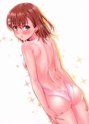 Rule 34 | 1girl, ass, bare arms, bare shoulders, blush, breasts, brown eyes, brown hair, closed mouth, hair ornament, highleg, highleg swimsuit, isshi pyuma, lips, looking at viewer, looking back, medium hair, misaka mikoto, one-piece swimsuit, pink one-piece swimsuit, small breasts, solo, swimsuit, thighs, toaru kagaku no railgun, toaru majutsu no index
