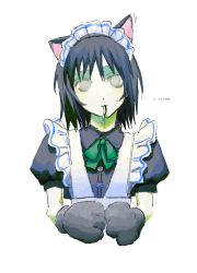Rule 34 | 1girl, animal ears, apron, black hair, bow, bowtie, cat ears, cat girl, collared dress, cropped torso, dress, frilled apron, frills, green bow, green bowtie, grey eyes, highres, ineuoy, looking at viewer, maid, maid apron, maid headdress, medium hair, mouth hold, original, puffy short sleeves, puffy sleeves, short sleeves, simple background, solo, upper body, white apron, white background