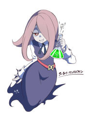 Rule 34 | 10s, 1girl, bad id, bad pixiv id, belt, brown eyes, character name, dress, flask, hair over one eye, half-closed eyes, holding, kazunehaka, little witch academia, long dress, long hair, pink hair, potion, shaded face, shirt, smile, sucy manbavaran, white background