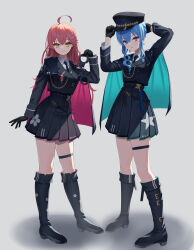 Rule 34 | 2girls, absurdres, adjusting clothes, adjusting headwear, ahoge, aiguillette, asakura (asa t77), black footwear, black gloves, black headwear, black jacket, black necktie, black skirt, blue eyes, blue hair, boots, capelet, closed mouth, collared shirt, commentary request, crossed bangs, cuffs, floral print, flower brooch, gloves, green eyes, grey background, hair between eyes, handcuffs, hat, highres, holding, holding handcuffs, hololive, hoshimachi suisei, jacket, knee boots, light blush, long hair, long sleeves, looking at viewer, multiple girls, necktie, peaked cap, pink hair, pleated skirt, police, police uniform, policewoman, sakura miko, shadow, shirt, short hair, sidelocks, simple background, skirt, smile, standing, star (symbol), thigh strap, uniform, virtual youtuber, white shirt