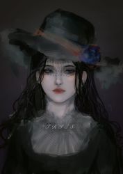 Rule 34 | 1girl, black dress, black hair, black veil, blue eyes, blue flower, blue rose, breasts, chinese commentary, cleavage, commentary request, dark, dress, flower, genderswap, genderswap (mtf), hat, highres, lips, lipstick, long hair, looking to the side, lord of the mysteries, makeup, portrait, rose, solo, trissy cheek, veil, witch