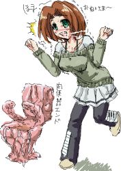 Rule 34 | 1girl, blush, breasts, brown hair, female focus, green eyes, open mouth, skirt, solo, sweater, tentacles, toilet, unagi88, white background