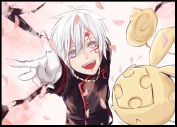 Rule 34 | 1boy, :d, akaneko445, allen walker, arm up, black jacket, black order uniform, d.gray-man, facial mark, from above, gloves, grey eyes, hair between eyes, jacket, long sleeves, looking at viewer, male focus, military jacket, open mouth, petals, silver hair, smile, solo, timcanpy, white background, white gloves