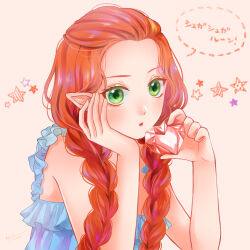 Rule 34 | 1girl, blue dress, braided twintails, chocolat meilleure, close-up, commentary request, dress, frilled dress, frills, green eyes, hand on own face, heart, holding, holding heart, lioon85523, looking at viewer, orange background, orange hair, pointy ears, solo, star (symbol), sugar sugar rune, upper body