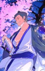 Rule 34 | 1boy, abs, adam&#039;s apple, bare pectorals, cherry blossoms, feet out of frame, fighting stance, from below, green hair, hair knot, haori, highres, japanese clothes, kimono, large pectorals, looking at viewer, looking down, male focus, mygiorni, no nipples, official alternate costume, one piece, pectorals, ready to draw, roronoa zoro, scar, scar across eye, short hair, smirk, solo, white kimono