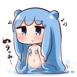 Rule 34 | 1girl, :3, beamed quavers, blue eyes, blue hair, blush, chibi, closed mouth, collarbone, commentary request, convenient censoring, double bun, half slime-chan, hana kazari, long hair, looking away, monster girl, musical note, navel, nude, original, quaver, slime girl, solo, translation request, very long hair, white background