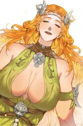 Rule 34 | 1girl, absurdres, bare shoulders, belt, blonde hair, breasts, circlet, cleavage cutout, clothing cutout, collarbone, detached sleeves, dress, final fantasy, final fantasy xiv, green dress, green eyes, hair ornament, half-closed eyes, halter dress, halterneck, highres, infecti, large breasts, leaf hair ornament, long hair, looking at viewer, nophica, open mouth, simple background, sleeveless, sleeveless dress, solo, upper body, wavy hair, white background
