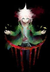 Rule 34 | 1boy, belt, black pants, chain, coat, commentary request, danganronpa (series), danganronpa 2: goodbye despair, green coat, grey eyes, grey hair, grey shirt, hands up, hood, hoodie, jacket, komaeda nagito, long sleeves, looking at viewer, male focus, messy hair, open clothes, open coat, pants, print shirt, shirt, smile, solo, white hair, youko-shima