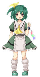 Rule 34 | 1girl, :d, blush, ascot, dress, full body, green hair, highres, huyusilver, kneehighs, looking at viewer, mrs. estacion, open mouth, red eyes, short hair, side ponytail, smile, socks, solo, tanabata furin, wind chime
