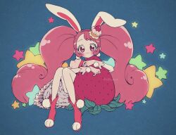 Rule 34 | 1girl, :3, aji fry, animal ears, blush, bow, cake hair ornament, commentary request, cure whip, earrings, food, food-themed hair ornament, fruit, gloves, hair ornament, highres, holding, holding food, jewelry, kirakira precure a la mode, long hair, magical girl, pink hair, pom pom (clothes), pom pom earrings, precure, smile, solo, star (symbol), strawberry, strawberry hair ornament, twintails, twitter username, usami ichika
