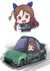 Rule 34 | 1girl, absurdres, black gloves, black jumpsuit, blush, brown eyes, brown hair, car, chibi, crossover, driving, ear covers, ford, ford mustang, ford mustang s550, gloves, hand on own chest, highres, jumpsuit, king halo (umamusume), long hair, motor vehicle, nascar, one side up, race vehicle, racecar, racing suit, sakusan (ss-awesome), smile, umamusume, v-shaped eyebrows, vehicle focus