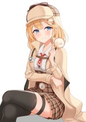 Rule 34 | 1girl, absurdres, arm under breasts, black thighhighs, blonde hair, blue eyes, blush, breasts, brown capelet, brown coat, brown hat, brown skirt, capelet, coat, collarbone, collared shirt, commentary, crossed legs, deerstalker, detective, grin, hair ornament, hat, high-waist skirt, highres, holding, hololive, hololive english, kurisu-kun, long hair, long sleeves, looking at viewer, magnifying glass, necktie, open clothes, parted lips, plaid, plaid skirt, pleated skirt, red necktie, shirt, sitting, skirt, smile, solo, thigh strap, thighhighs, virtual youtuber, watson amelia, watson amelia (1st costume), white background, white shirt