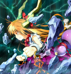 Rule 34 | 1girl, angry, belt, bow, chain, clenched hands, cuffs, fang, fang out, gourd, green background, hair bow, hato no hito, horns, ibuki suika, lightning, long hair, low-tied long hair, oni, orange hair, profile, red eyes, ribbon, rock, scowl, shackles, shirt, skirt, sleeveless, sleeveless shirt, solo, touhou