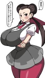 Rule 34 | 1girl, alternate breast size, blouse, breasts, brown hair, collared shirt, creatures (company), dress, game freak, grey dress, highres, huge breasts, komusou (jinrikisha), long hair, nintendo, pantyhose, pokemon, pokemon rse, red eyes, roxanne (pokemon), shirt, solo, thighhighs, thighs, translation request, twintails, white shirt