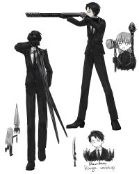 Rule 34 | 1boy, 1girl, angelica (project moon), black footwear, black hair, black necktie, black pants, claws, full body, gauntlets, gun, hammer, holding, holding gun, holding hammer, holding mace, holding sword, holding weapon, lance, library of ruina, long hair, multiple views, necktie, open mouth, pants, polearm, project moon, roland (project moon), simple background, smile, sword, very long hair, weapon, white background, white hair, york0pm