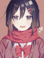 Rule 34 | 1girl, black hair, blurry, bow, bowtie, brown cardigan, brown eyes, brown hair, cardigan, commentary, enpera, hair between eyes, hair ornament, hairclip, heart, highres, kagerou project, light blush, light brown background, looking at viewer, mekakucity actors, multicolored hair, muuta04, open mouth, portrait, red bow, red bowtie, red scarf, scarf, school uniform, shirt, simple background, smile, solo, straight-on, two-tone hair, upper body, white shirt