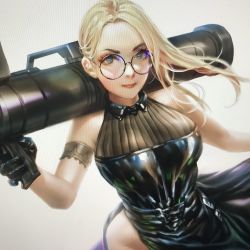 Rule 34 | 1girl, arm garter, backlighting, black-framed eyewear, black dress, black gloves, blonde hair, blue eyes, breasts, commentary, dcwj, dress, english commentary, forehead, furrowed brow, glasses, gloves, hair over shoulder, halter dress, halterneck, highres, holding, holding weapon, huge weapon, large breasts, lips, long dress, looking at viewer, mighty miho, rocket launcher, round eyewear, side slit, solo, tokyo rogue, weapon