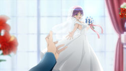 Rule 34 | 1girl, :d, absurdres, bare arms, blue flower, blurry, blurry foreground, bouquet, bridal veil, dress, flower, gegege no kitarou, hibiscus, highres, holding, holding bouquet, long dress, long sleeves, looking at viewer, nekomusume, nekomusume (gegege no kitarou 6), open mouth, pov, purple hair, red flower, short hair, silanduqiaocui, sleeveless, sleeveless dress, smile, solo focus, veil, wedding dress, white dress, white flower, yellow eyes