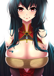 Rule 34 | 1girl, absurdres, azur lane, bad id, bad pixiv id, bare shoulders, black hair, breasts, breasts squeezed together, bridal gauntlets, china dress, chinese clothes, cleavage cutout, clothing cutout, creepy eyes, crossed bangs, cutout above navel, dress, evil smile, h.carrrrrrot, highres, long hair, looking at viewer, official alternate costume, red eyes, red lips, simple background, smile, solo, taihou (azur lane), taihou (phoenix&#039;s spring song) (azur lane), very long hair, white background