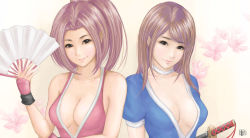 Rule 34 | 2girls, absurdres, bad id, bad pixiv id, beige background, breasts, brown eyes, brown hair, choker, cleavage, collarbone, crossover, dead or alive, fatal fury, folded fan, folding fan, gradient background, hand fan, highres, kasumi (doa), katana, large breasts, looking at viewer, multiple girls, ninja, no bra, ponytail, puffy short sleeves, puffy sleeves, shiranui mai, short sleeves, smile, sweetsoupman, sword, the king of fighters, upper body, weapon