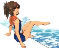 Rule 34 | 1girl, arm support, artist name, bad id, bad pixiv id, barefoot, blouse, blue one-piece swimsuit, brown eyes, brown hair, dated, from side, full body, hair ornament, hairclip, i-401 (kancolle), kantai collection, knees together feet apart, nmz (namazu), one-piece swimsuit, one-piece tan, open mouth, orange sailor collar, parted bangs, ponytail, sailor collar, sailor shirt, school swimsuit, shirt, short ponytail, simple background, sleeveless, sleeveless shirt, solo, swimsuit, swimsuit under clothes, tan, tanline, twitter username, water, white background, white shirt