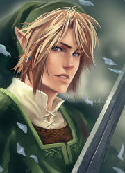 Rule 34 | 1boy, armor, blonde hair, blue eyes, chainmail, commentary, earrings, hat, jewelry, laovaan, leaf, link, lips, male focus, nintendo, nose, realistic, resized, revision, solo, sword, the legend of zelda, the legend of zelda: twilight princess, tunic, watermark, weapon, web address