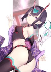 Rule 34 | 1girl, ass, black fundoshi, black hair, black thighhighs, breasts, chinese clothes, commentary request, cowboy shot, creature, dudou, earrings, fate/grand order, fate (series), fundoshi, hair ornament, hair ribbon, heart, heart hair ornament, horns, japanese clothes, jewelry, looking at viewer, looking back, maosame, medium breasts, navel, oni, pointy ears, purple eyes, ribbon, short hair, shuten douji (fate), shuten douji (fate/grand order), shuten douji (halloween caster) (fate), skin-covered horns, smile, solo, standing, star (symbol), star print, thighhighs, torii, twisted torso