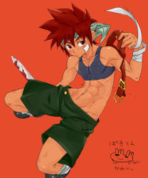 Rule 34 | 1boy, abs, armpits, baki kun, bandage on face, bandages, blood, blush, covered erect nipples, joshitsu (zion16wh), male focus, red eyes, red hair, shorts, solo, sword, tank top, toned, toned male, translation request, weapon