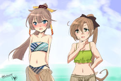 Rule 34 | 10s, 2girls, adapted costume, akigumo (kancolle), alternate costume, bare shoulders, bikini, blue eyes, blush, breasts, brown hair, commentary request, embarrassed, green eyes, hair between eyes, hair ribbon, hand on own chin, kantai collection, kazagumo (kancolle), long hair, multiple girls, navel, oonishi koala, open mouth, ponytail, ribbon, sarong, small breasts, striped bikini, striped clothes, swimsuit, twitter username
