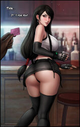 Rule 34 | 1boy, 1girl, absurdres, alcohol, aroma sensei, ass, bar (place), black gloves, black hair, black panties, black skirt, black thighhighs, blurry, blurry background, bottle, breasts, brown gloves, cloud strife, condom, condom wrapper, counter, cup, curvy, earrings, elbow gloves, final fantasy, final fantasy vii, final fantasy vii remake, fingerless gloves, giving, gloves, highres, holding, holding condom, holding cup, jewelry, large breasts, lips, long hair, looking at viewer, looking back, low-tied long hair, materia, miniskirt, notice lines, panties, pantyshot, parted lips, red eyes, skirt, solo focus, stool, suspender skirt, suspenders, swept bangs, thighhighs, thighs, tifa lockhart, underwear