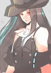 Rule 34 | 1other, androgynous, ascot, bare shoulders, black hair, black hat, black vest, buttons, cheesenaanlassi, guilty gear, hat, highres, looking at viewer, other focus, pale skin, red eyes, solo, straight hair, testament (guilty gear), top hat, vest, white ascot