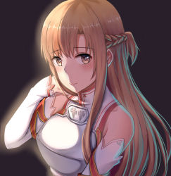 Rule 34 | 1girl, asuna (sao), blush, breasts, brown eyes, brown hair, closed mouth, detached sleeves, highres, large breasts, long hair, looking at viewer, mizuha (zxass0612), smile, solo, sword art online, upper body