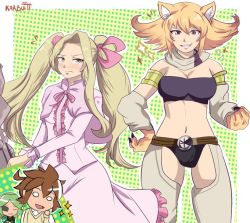 Rule 34 | 10s, 1boy, 3girls, akame ga kill!, animal ears, ankle ribbon, artist name, belt, black bra, blonde hair, blouse, blush, bra, breasts, brown hair, business suit, cat ears, claws, cleavage, closed eyes, closed mouth, cosplay, crossed arms, crossover, eyepatch, fang, flat chest, formal, green hair, hair between eyes, holding, holding weapon, karbuitt, kid icarus, large breasts, leg ribbon, leone (akame ga kill!), long hair, long skirt, looking at viewer, mechanical arms, mine (akame ga kill!), multiple girls, najenda, navel, nintendo, open mouth, palutena, phosphora, pink ribbon, pink shirt, pink skirt, pit (kid icarus), purple eyes, ribbon, scarf, shirt, single mechanical arm, skirt, smile, smirk, sparkle, square enix, stomach, suit, tatsumi (akame ga kill!), teeth, twintails, underwear, very long hair, viridi, weapon, white eyes, yellow eyes