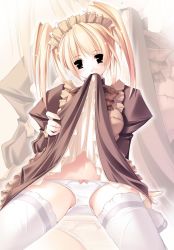 Rule 34 | 1girl, apron, bow, bow panties, brown dress, clothes lift, dress, dress lift, female focus, headdress, highres, kafra uniform, maid, maid apron, navel, panties, ragnarok online, skirt, skirt lift, solo, thighhighs, twintails, underwear, white panties, white thighhighs, zoom layer