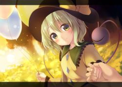 Rule 34 | 1girl, bad id, bad pixiv id, balloon, black hat, blush, bow, closed mouth, eyeball, frilled shirt collar, frilled sleeves, frills, green eyes, green hair, hair between eyes, hat, hat bow, holding hands, komeiji koishi, letterboxed, long sleeves, looking at viewer, nnyara, pov, shirt, smile, solo focus, sunlight, third eye, touhou, upper body, yellow bow, yellow shirt