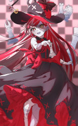 Rule 34 | 1girl, azusa (azunyan12), black bow, black dress, black hat, black nails, blurry, blurry background, bow, checkered background, colored skin, dress, grey skin, hat, hat bow, head tilt, heterochromia, highres, holding chess piece, hololive, hololive indonesia, kureiji ollie, long hair, nail polish, open mouth, red bow, red eyes, smile, solo, stitched face, stitches, very long hair, virtual youtuber, zombie