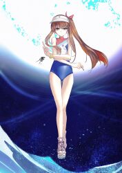 1girl absurdres artist_name bare_legs bare_shoulders bracelet bright_pupils brown_eyes brown_hair chinese_commentary closed_mouth commentary_request facing_viewer fate/grand_order fate_(series) floating_hair full_body hands_up highres index_finger_raised jewelry kishinami_hakuno_(female) lingzeerxisi long_hair looking_at_viewer moon multicolored_clothes multicolored_swimsuit one-piece_swimsuit side_ponytail sidelocks signature skin_tight sky smile solo standing star_(sky) starry_sky straight-on swimsuit toenails toes v-shaped_eyebrows visor_cap white_pupils