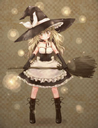 Rule 34 | 1girl, alternate costume, apron, bad id, bad pixiv id, bare shoulders, blonde hair, blush, boots, broom, checkered background, female focus, gloves, hat, head tilt, highres, kirisame marisa, long hair, looking at viewer, messy hair, smile, solo, standing, touhou, waist apron, witch, witch hat, yellow eyes, yukiu con