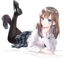 Rule 34 | 1girl, black footwear, black pantyhose, blue eyes, blush, brown hair, closed mouth, commentary, eyebrows hidden by hair, full body, grey skirt, hand up, highres, legs up, loafers, long hair, long sleeves, looking at viewer, lying, misumi (macaroni), mole, mole under eye, on stomach, original, pantyhose, paper, plaid, plaid skirt, pleated skirt, sailor collar, school uniform, serafuku, shirt, shoe dangle, shoe soles, shoes, simple background, skirt, smile, soles, solo, white background, white sailor collar, white shirt
