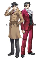 Rule 34 | 2boys, ace attorney, ace attorney investigations, ace attorney investigations 2, adjusting clothes, adjusting headwear, ascot, black footwear, black headwear, black vest, brown coat, character name, coat, father and son, formal, glasses, gregory edgeworth, hand in pocket, long sleeves, male focus, miffi (gogo8659), miles edgeworth, multiple boys, necktie, pants, pink pants, pink suit, red neckwear, short hair, standing, suit, trench coat, vest, white neckwear