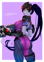 Rule 34 | 1girl, ass, bodysuit, breasts, character name, colored skin, copyright name, covered erect nipples, felix (felix901123), gun, head-mounted display, holster, impossible bodysuit, impossible clothes, long hair, looking at viewer, medium breasts, overwatch, overwatch 1, pink bodysuit, ponytail, purple hair, purple skin, solo, thigh holster, very long hair, weapon, widowmaker (overwatch), yellow eyes