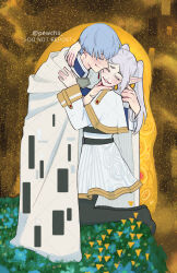 Rule 34 | 1boy, 1girl, arm around neck, blue hair, capelet, cloak, closed eyes, closed mouth, commentary, couple, earrings, elf, english commentary, fine art parody, frieren, grin, hand on another&#039;s chin, hetero, highres, himmel (sousou no frieren), hug, jewelry, kiss, kissing cheek, kneeling, long hair, long sleeves, parody, parted bangs, pewchii, pointy ears, shirt, short hair, skirt, smile, sousou no frieren, striped clothes, striped shirt, the kiss, twintails, watermark, white capelet, white cloak, white hair, white skirt, yellow trim