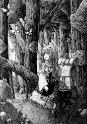 Rule 34 | 1girl, absurdres, animal ears, braid, bug, butterfly, cat ears, forest, greyscale, happy, highres, bug, long sleeves, looking away, monochrome, nature, open mouth, original, outdoors, scarf, scenery, single braid, sitting, smile, solo, tree, usio ueda