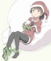 Rule 34 | 1girl, absurdres, alternate costume, black pantyhose, blush, bound, bound wrists, brown eyes, brown hair, capelet, fur-trimmed capelet, fur trim, gift bag, gloves, hat, highres, kantai collection, looking at viewer, pantyhose, pom pom (clothes), ponytail, santa costume, santa hat, shikinami (kancolle), sitting, solo, wachi (hati1186), white gloves