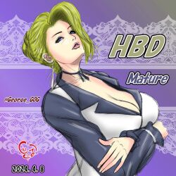 1girl blonde_hair blue_eyes breasts cleavage crossed_arms curvy dress earrings formal_clothes george_gog hair_bun huge_breasts jewelry large_breasts long_hair mature_(kof) pale_skin suit the_king_of_fighters