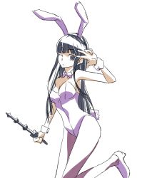 Rule 34 | 1girl, animal ears, bare shoulders, baton (weapon), black hair, blue eyes, breasts, cleavage, female focus, high heels, himegami aisa, leotard, long hair, medium breasts, one eye closed, pantyhose, playboy bunny, rabbit tail, shoes, solo, tail, toaru majutsu no index, toaru majutsu no index: old testament, touryou, weapon, white background, wink