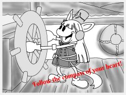Rule 34 | 1920s (style), 1girl, :d, animal ears, blunt bangs, english text, gold ship (umamusume), greyscale, horse ears, horse girl, horse tail, long hair, mickey mouse, monochrome, open mouth, parody, pillbox hat, ship&#039;s wheel, shoes, smile, solo, steamboat willie, susono kogara, tail, umamusume, walt disney (style), watercraft