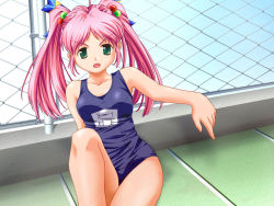 Rule 34 | 1girl, chain-link fence, fence, game cg, green eyes, hair bobbles, hair ornament, long hair, murakami kanade, name tag, nekonyan, non-web source, one-piece swimsuit, pink hair, pointing, raspberry (game), school swimsuit, solo, swimsuit, twintails
