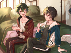Rule 34 | 2boys, absurdres, aqua eyes, bed, black hair, commentary request, crossed legs, cup, drawstring, ensemble stars!, green hair, grey shirt, hair between eyes, highres, holding, holding cup, hood, hood down, jacket, kagehira mika, long sleeves, male focus, multiple boys, on bed, open clothes, open jacket, open mouth, pillow, red eyes, sakuma ritsu, shirt, short hair, sitting, teeth, upper teeth only, wednesday 108, white shirt, yellow eyes