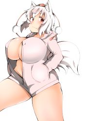 Rule 34 | 1girl, :3, animal ears, blush, breasts, cleavage, curvy, covered erect nipples, fang, fang out, hands in pockets, hat, highres, hood, hoodie, huge breasts, inubashiri momiji, looking at viewer, naked hoodie, pom pom (clothes), red eyes, shishi juuroku, short hair, skindentation, smile, solo, tail, thick eyebrows, thick thighs, thighs, tokin hat, touhou, white hair, wolf ears, wolf tail, zipper